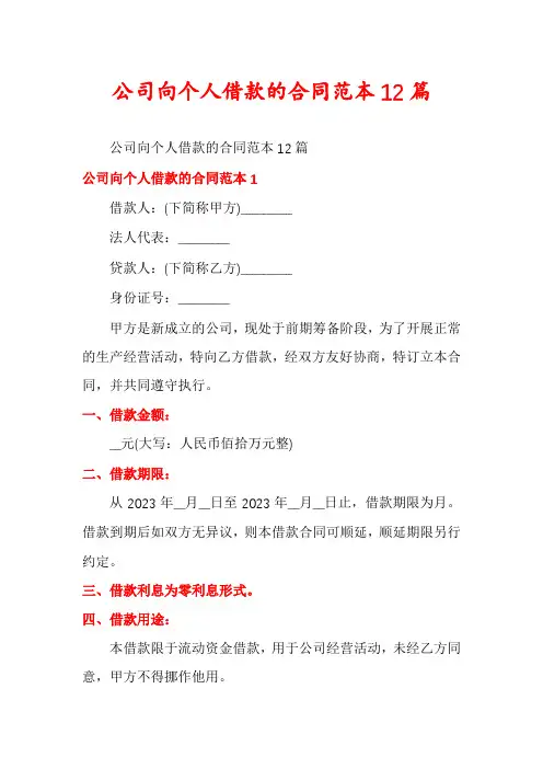 公司向个人借款的合同范本12篇