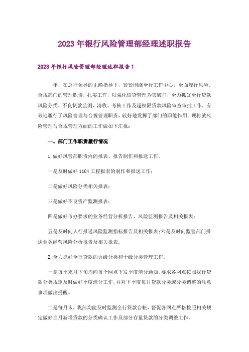 2023年银行风险管理部经理述职报告
