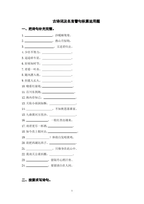 部编版六年级语文下册期末总复习  古诗词及名言警句积累运用题(含参考答案)
