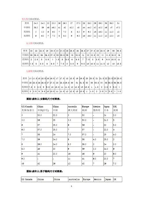 男人鞋尺码对照表