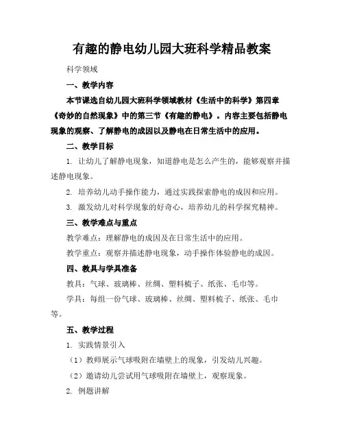 有趣的静电幼儿园大班科学精品教案