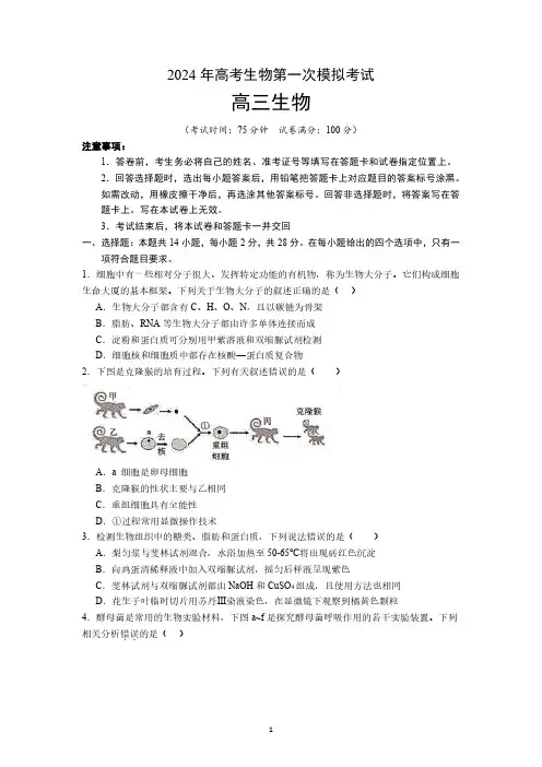 2024年高三第一次模拟考试生物试卷(后附参考答案与解析)