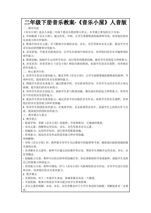 二年级下册音乐教案-《音乐小屋》人音版