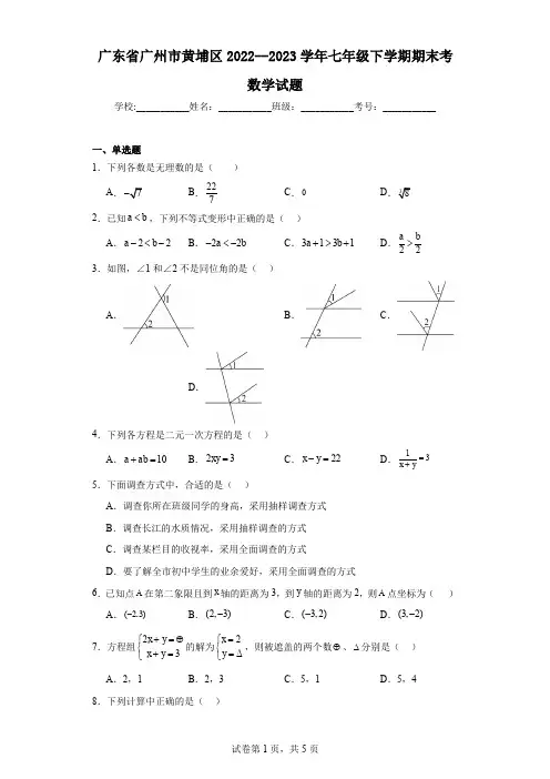 广东省广州市黄埔区2022--2023学年七年级下学期期末考数学试题