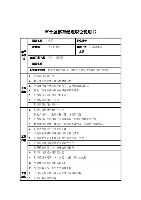 审计监察部经理职位说明书