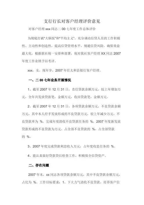 支行行长对客户经理评价意见