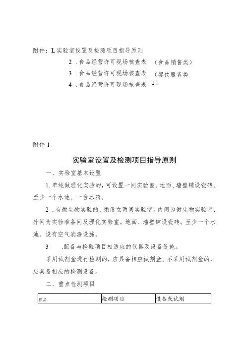 食品经营许可实验室设置及检测项目指导原则、现场核查表(食品销售类、服务类)