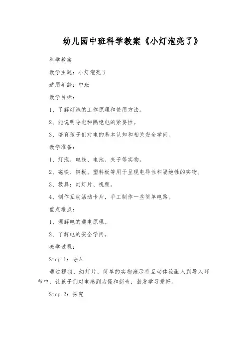 幼儿园中班科学教案《小灯泡亮了》