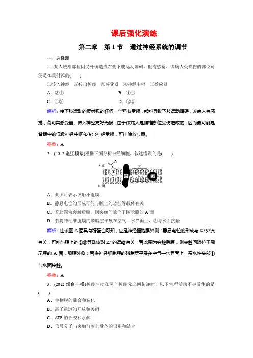高中生物必修三课后专题练习--2-1通过神经系统的调节