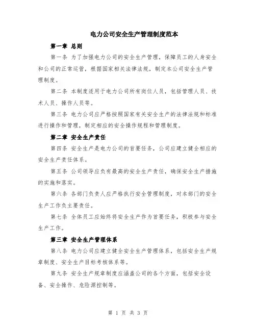 电力公司安全生产管理制度范本