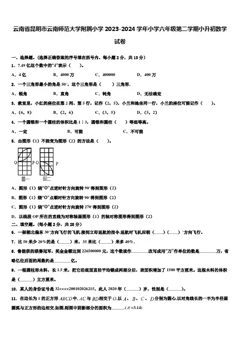 云南省昆明市云南师范大学附属小学2023-2024学年小学六年级第二学期小升初数学试卷含解析