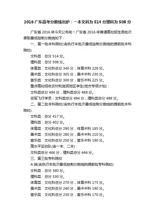 2016广东高考分数线出炉：一本文科为514分理科为508分