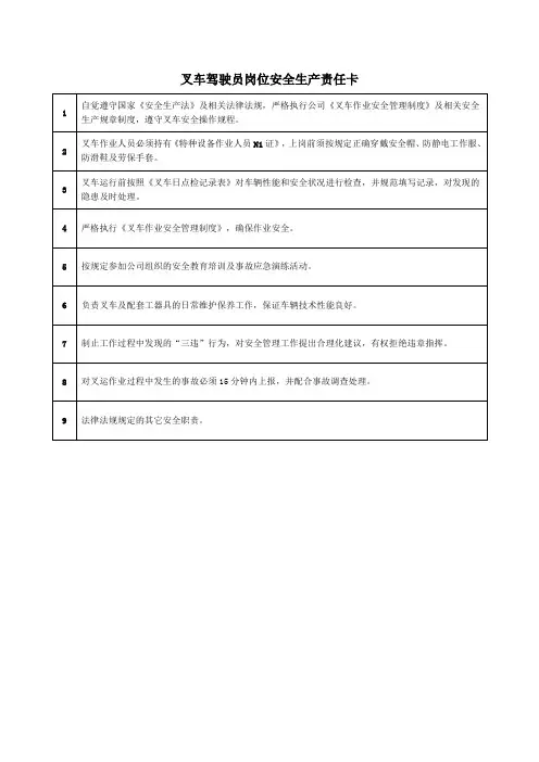 叉车驾驶员岗位安全生产责任卡