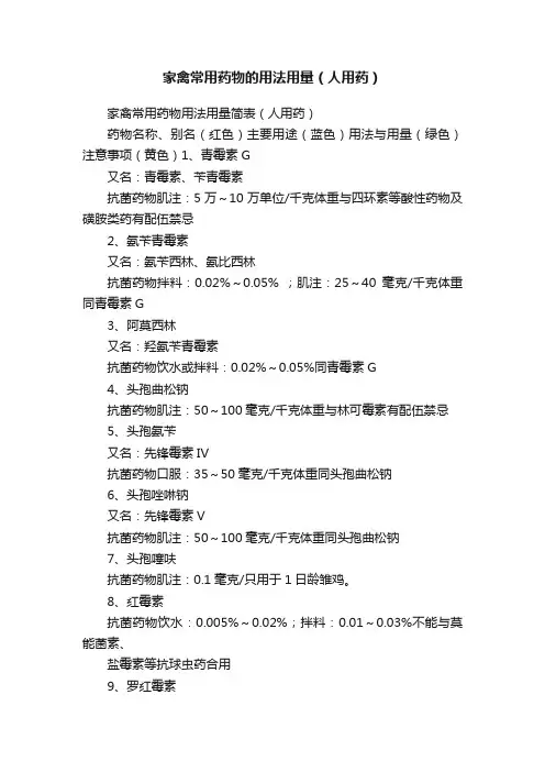 家禽常用药物的用法用量（人用药）