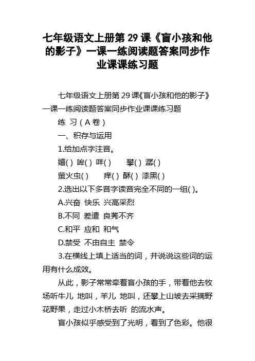 七年级语文上册第29课盲小孩和他的影子一课一练阅读题答案同步作业课课练习题