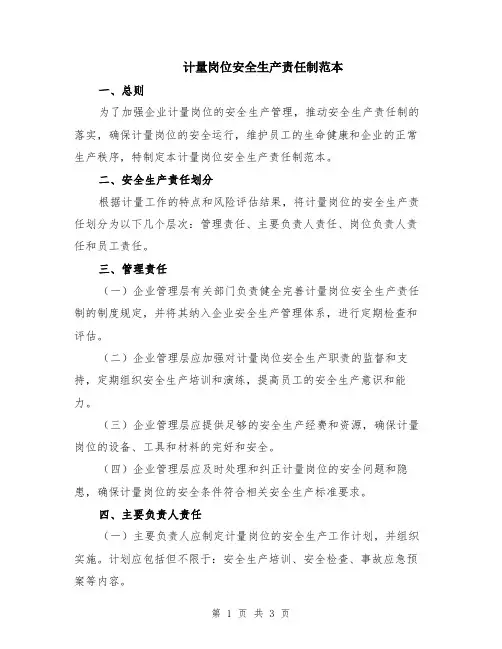 计量岗位安全生产责任制范本