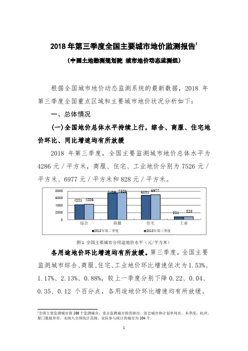 2018年第三季度全国主要城市地价监测报告