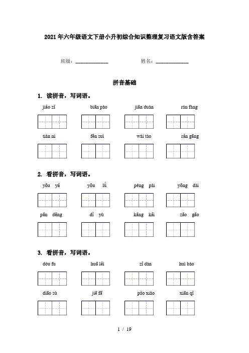 2021年六年级语文下册小升初综合知识整理复习语文版含答案