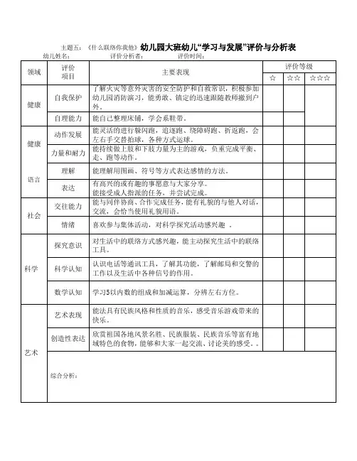 主题五《什么联络你我他》幼儿园大班幼儿“学习与发展”评价与分析表