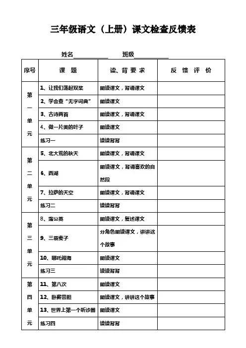 三年级语文(上册)背诵情况反馈表