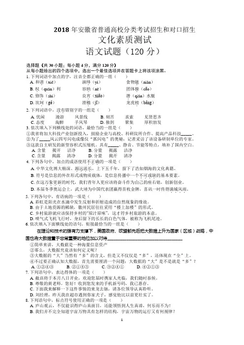 2018年安徽省普通高校分类考试招生和对口招生文化素质测试语文试题附答案