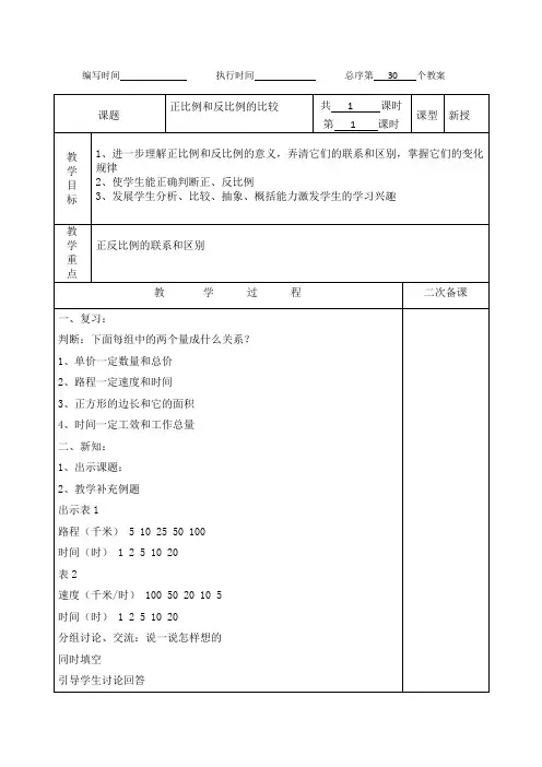 (精品)人教版六年级数学下册教案--30、正比例和反比例的比较