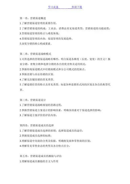 《渠道管理》课程各章节复习要点