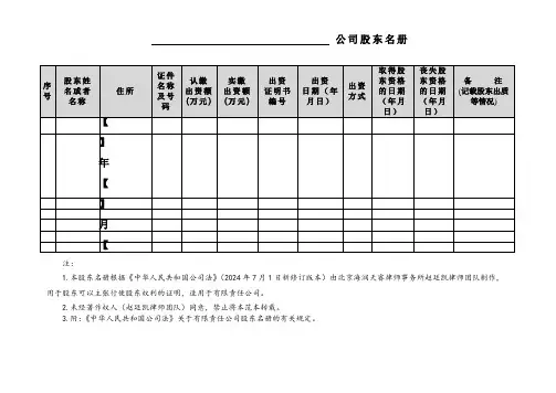 有限责任公司股东名册模版