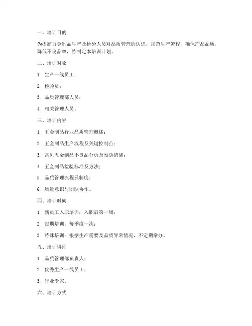 五金制品品质培训计划方案
