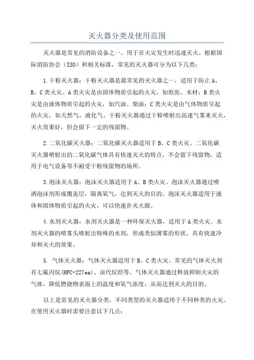 灭火器分类及使用范围