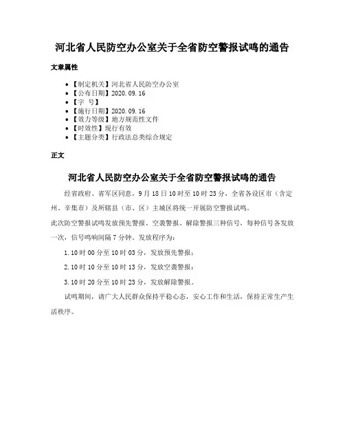 河北省人民防空办公室关于全省防空警报试鸣的通告