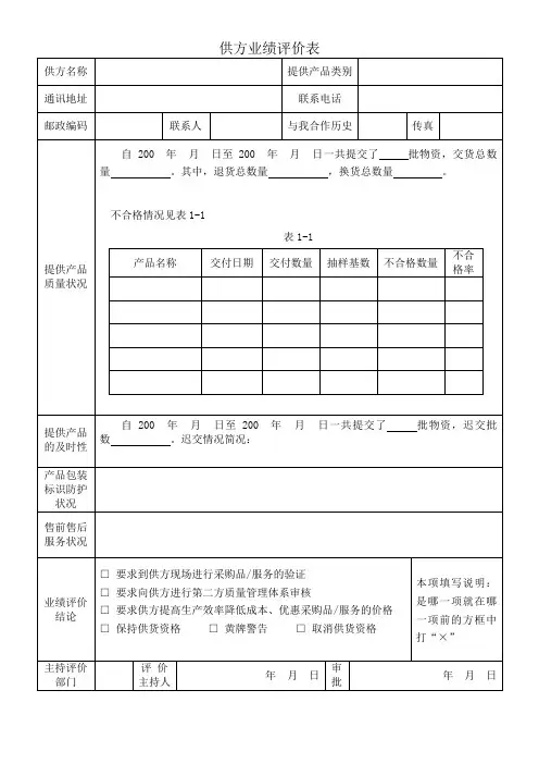 供方业绩评价表模板