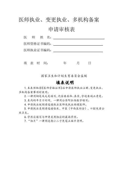 医师执业、变更执业、多机构备案申请审核表(模板)