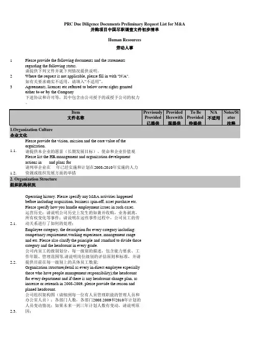 跨境并购项目中国尽职调查文件初步清单-人事部分(中英文)