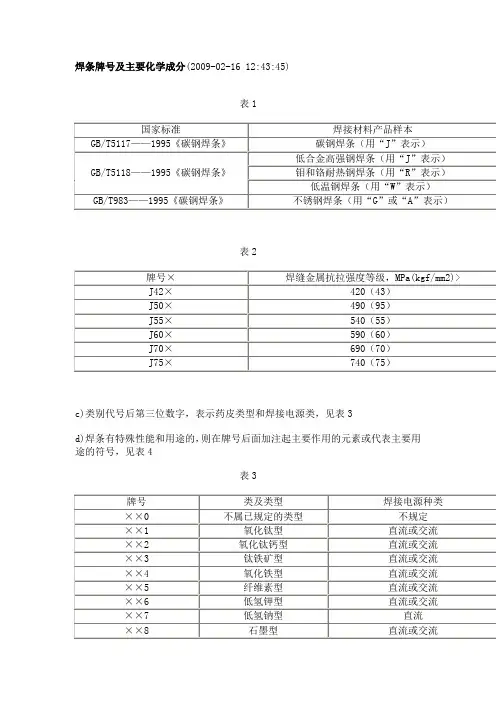 焊条牌号及主要化学成分