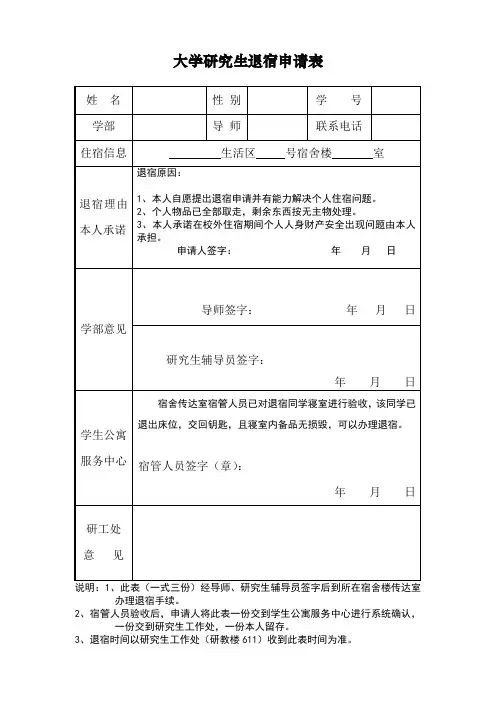 大学研究生退宿申请表