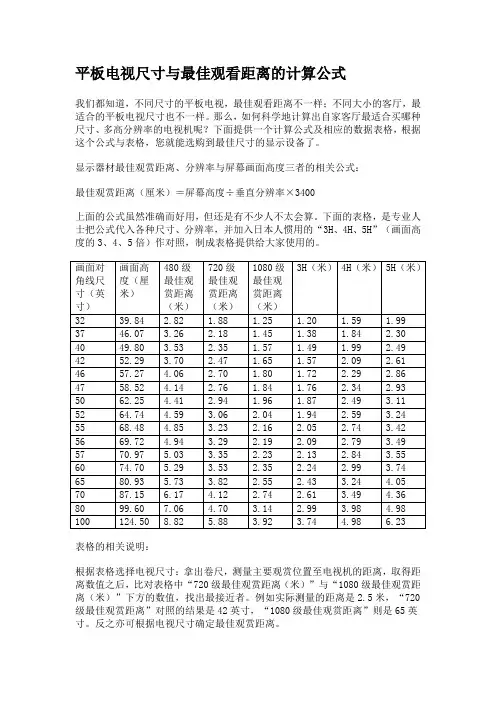 电视尺寸与观赏距离