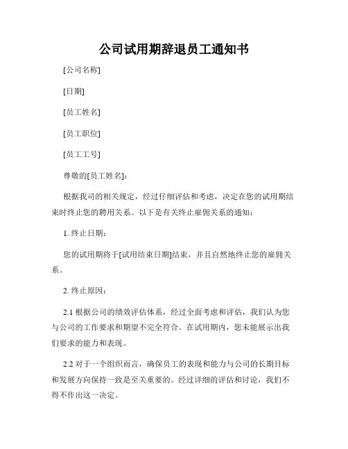 公司试用期辞退员工通知书