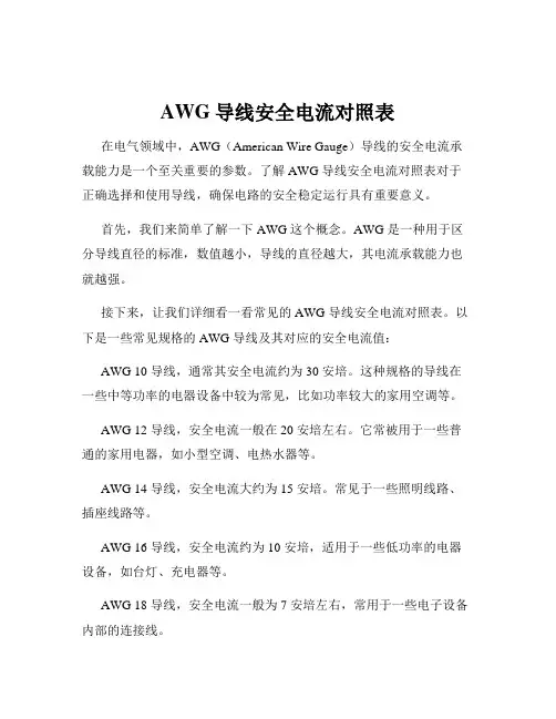 AWG导线安全电流对照表