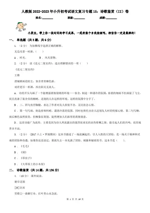 人教版2022-2023年小升初考试语文复习专题15：诗歌鉴赏（II）卷