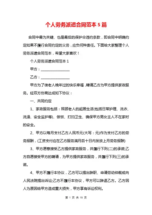 个人劳务派遣合同范本5篇