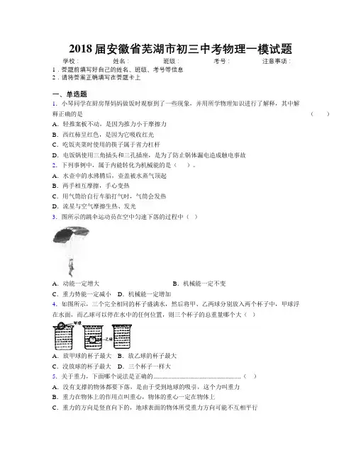 最新2018届安徽省芜湖市初三中考物理一模试题及解析