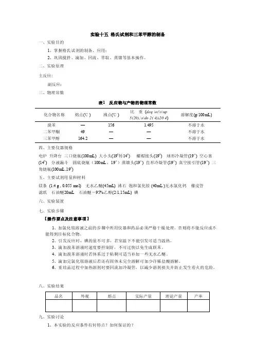 实验十五格氏试剂和三苯甲醇的制备