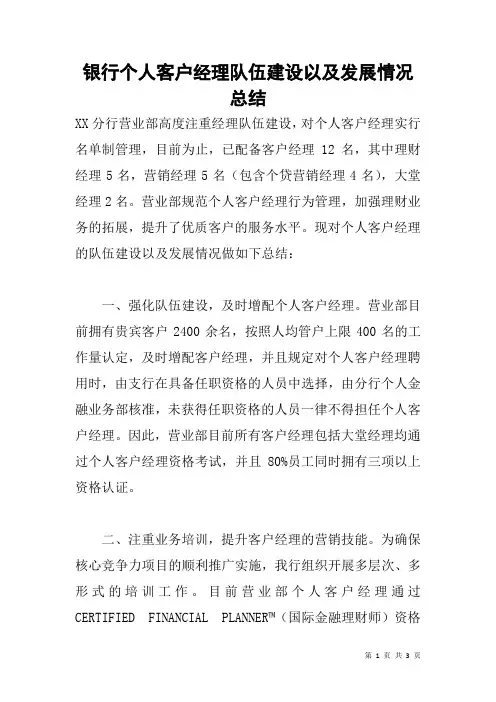 银行个人客户经理队伍建设以及发展情况总结