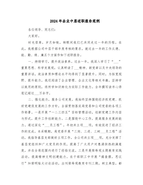 2024年企业中层述职报告范例（5篇）
