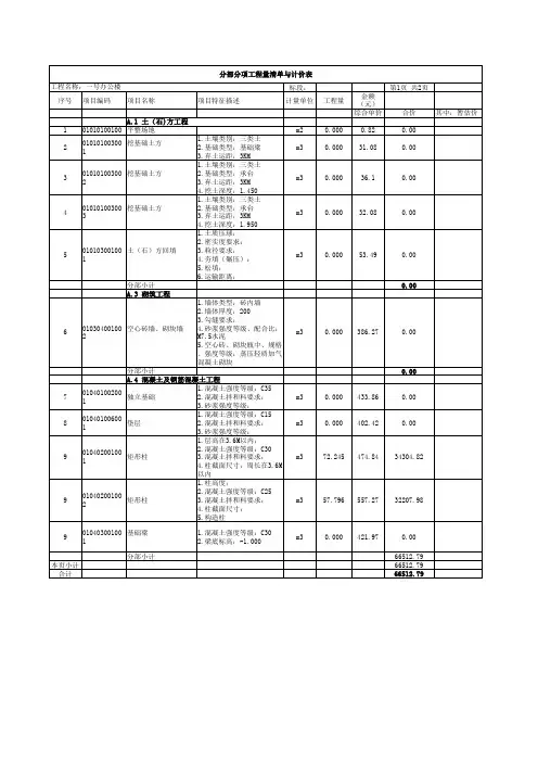 分部分项工程量清单与计价表(一号办公楼)