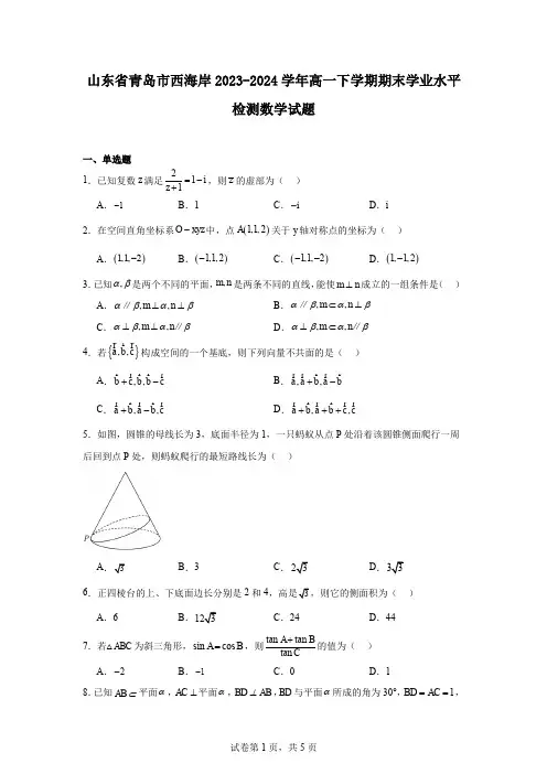 山东省青岛市西海岸2023-2024学年高一下学期期末学业水平检测数学试题
