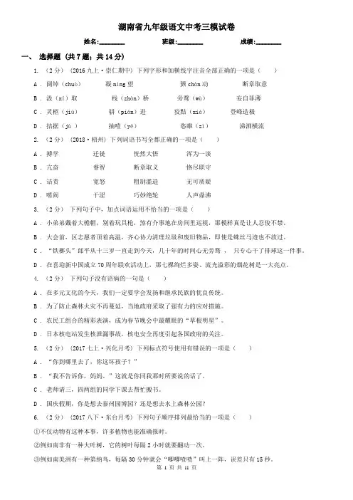 湖南省九年级语文中考三模试卷