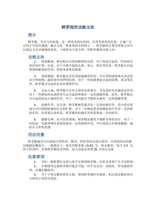 鲜茅根的功能主治