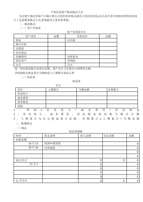 个体经营商户账表格式大全